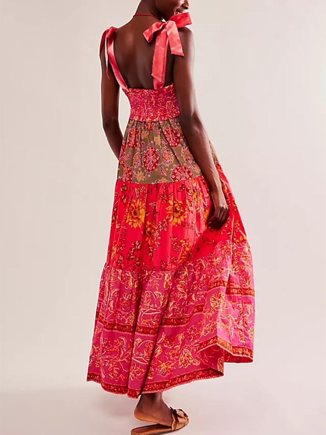 Women's Flowy Smocked Sleeveless Tie Shoulder Boho Maxi Dress