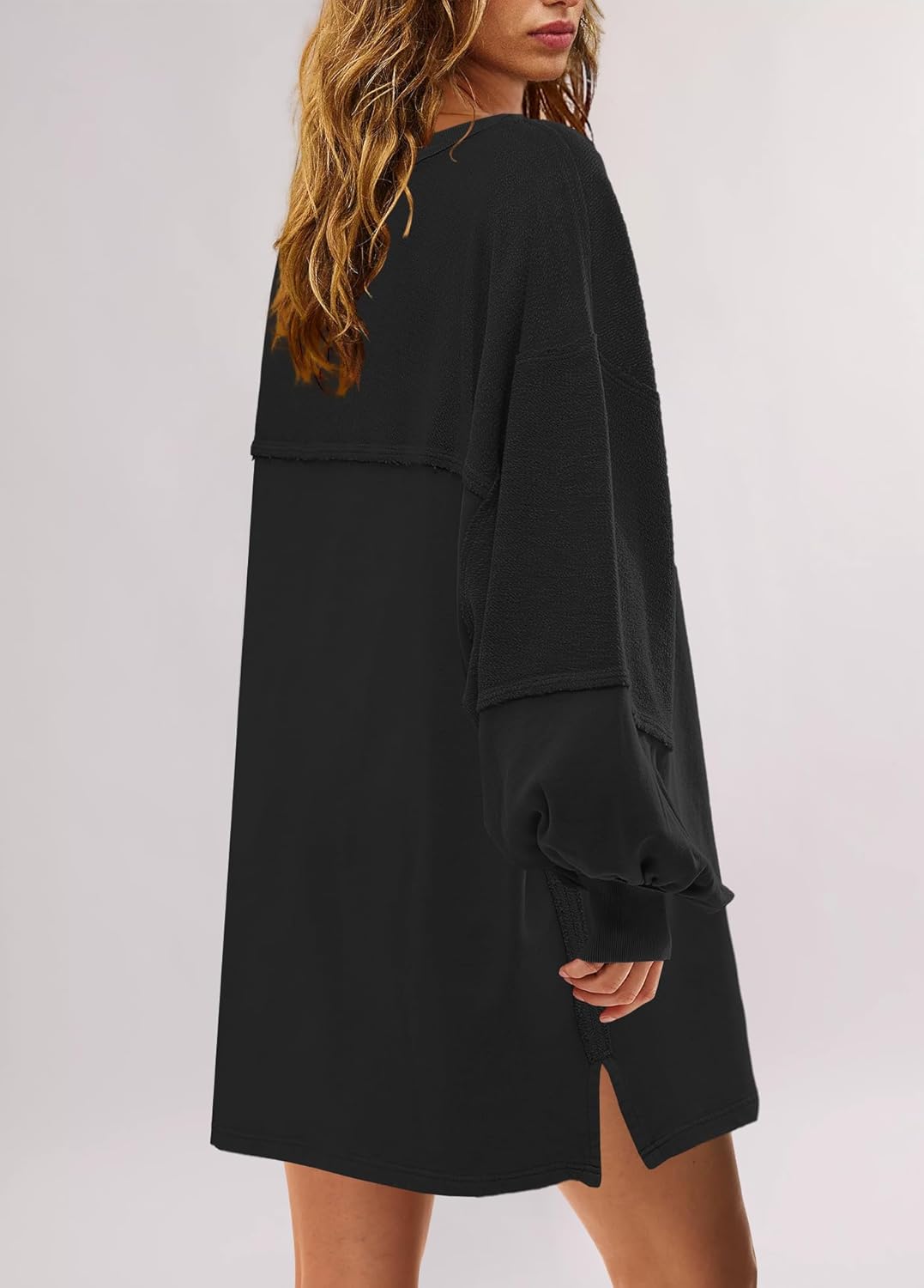 Women's Oversized Crewneck Patchwork Slit Sweatshirt Dress