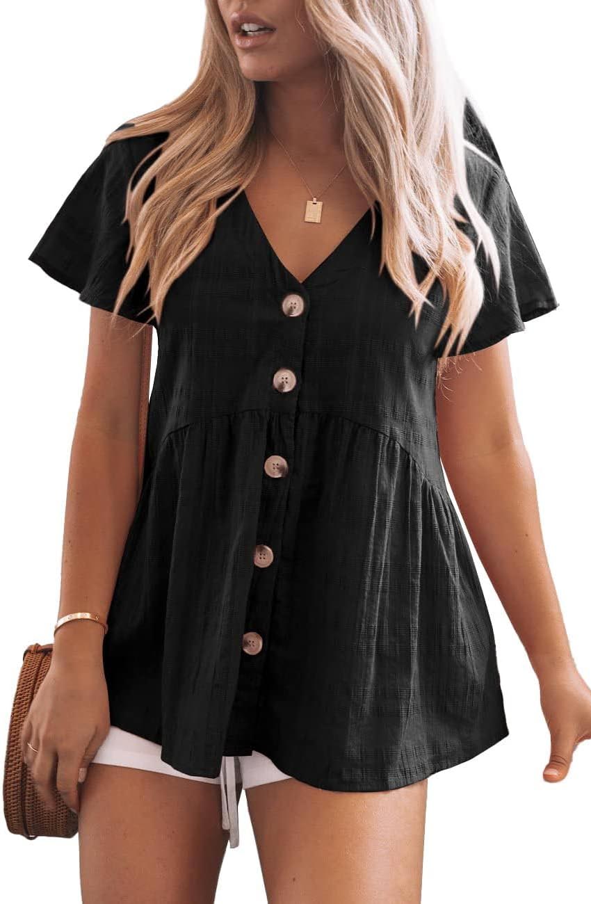 Womens Ruffle Hem Short Sleeve Button Down Shirt Casual Tops(BUY 2 FREE SHIPPING)