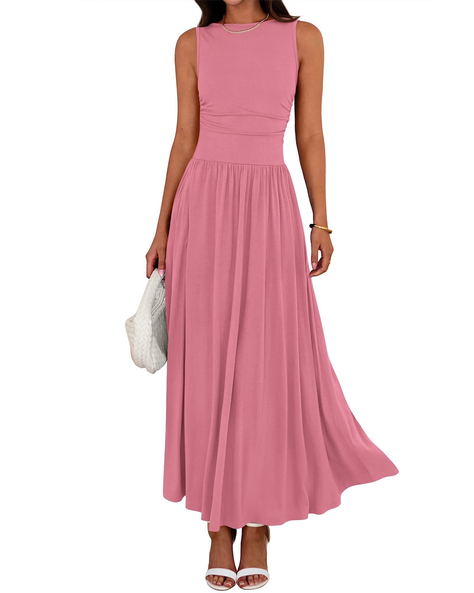 Women Sleeveless Ruched High Waisted Tank Long Sundress Flowy Beach Dress