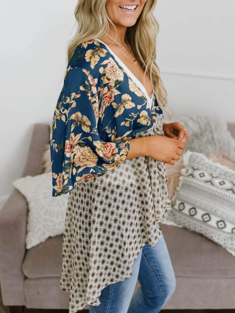 HOT SALE Women's Floral Kimono 3/4 Ruffle Sleeve Tie Cardigans Flowy Boho Loose Cover Ups