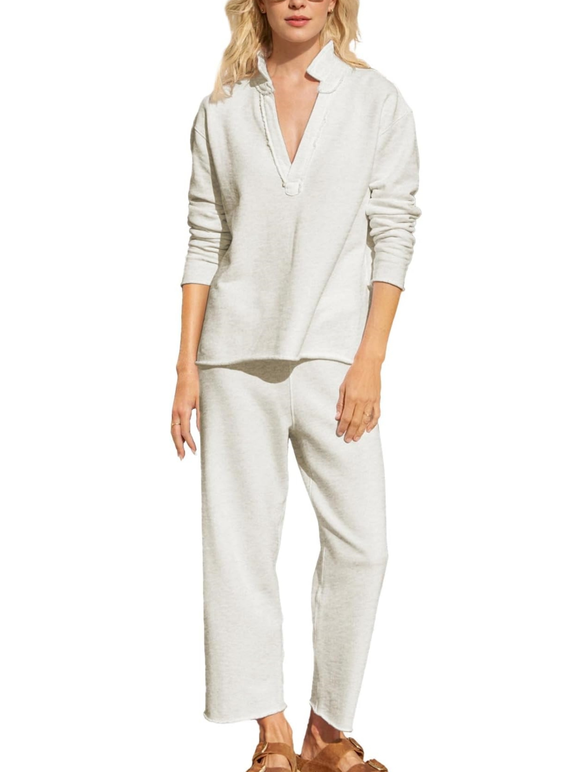 V Neck Long Sleeve Tops Wide Leg Pants Travel 2 Piece Sets (Buy 2 Free Shipping)