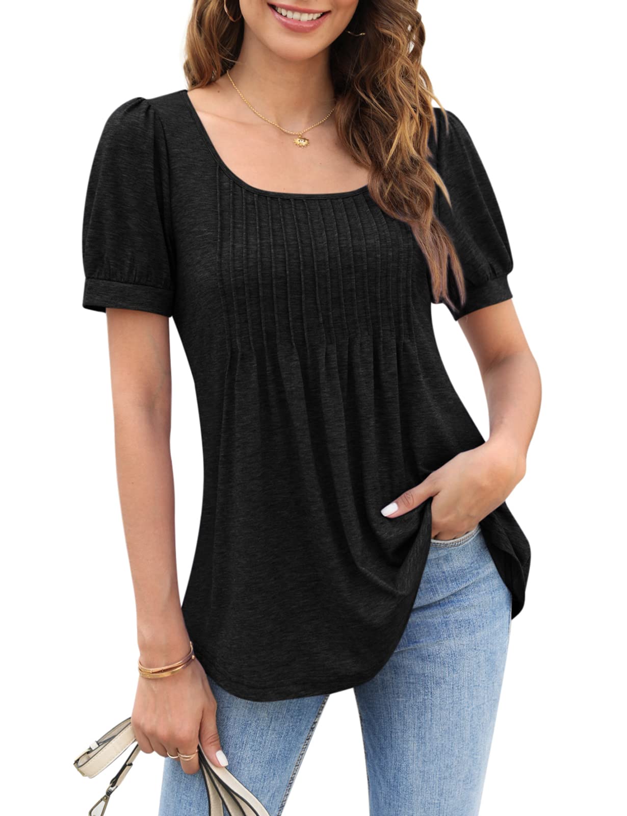 Women's Puff Short Sleeve Tunic Tops