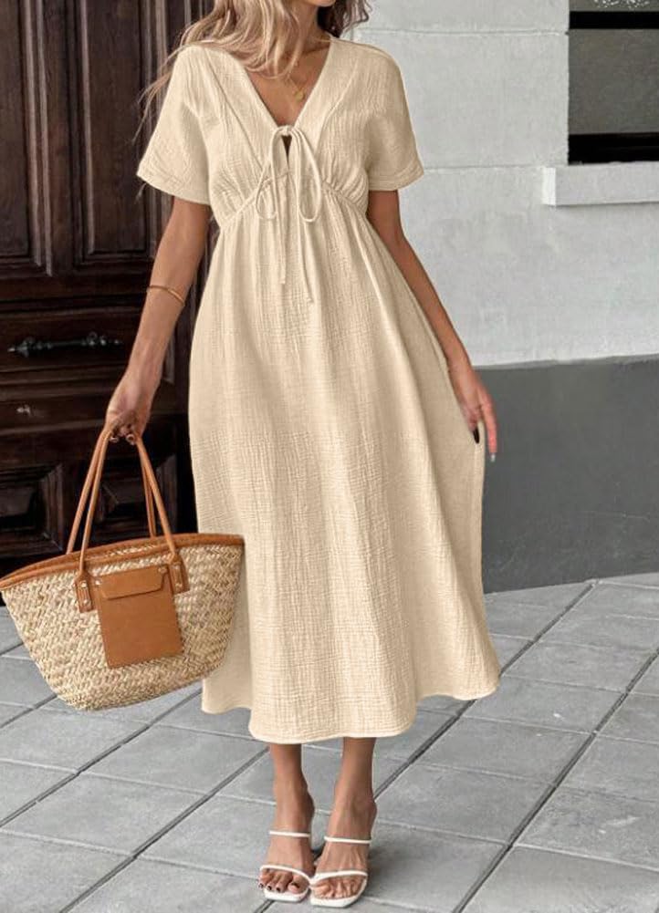 HOT SALE Women's Summer Solid Color V-Neck Cotton Dress