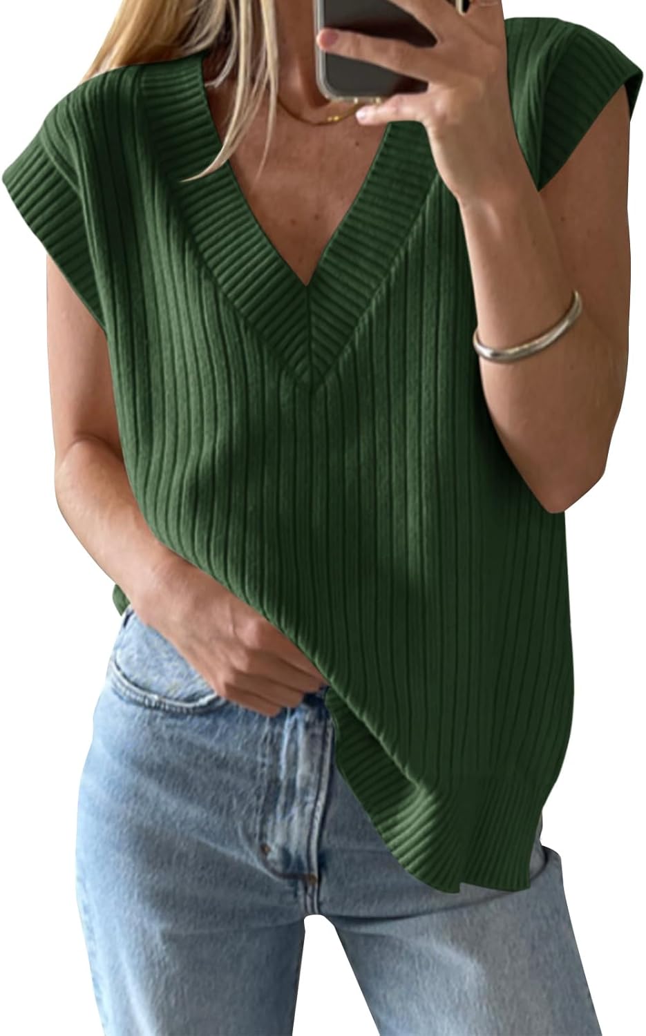 Womens V Neck Sweater Vest Oversized Ribbed Knit Sleeveless