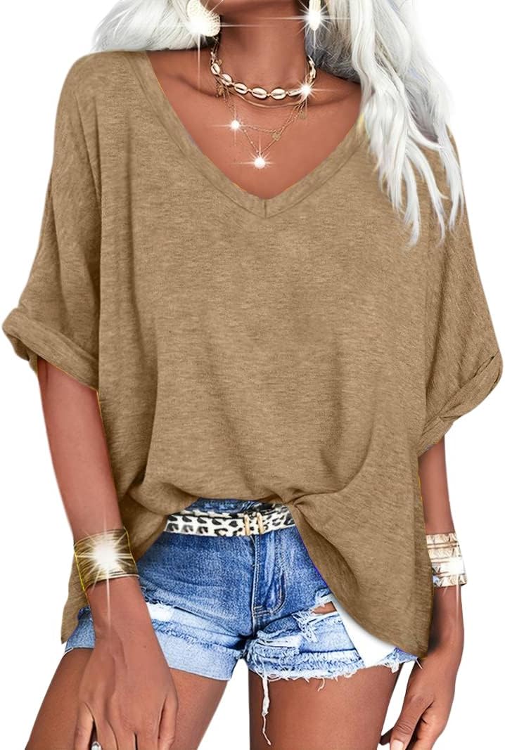 Women's Oversized T Shirts V Neck Short Sleeve Summer Casual Loose Tops Tees