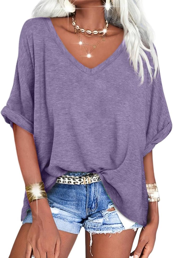Women's Oversized T Shirts V Neck Short Sleeve Summer Casual Loose Tops Tees