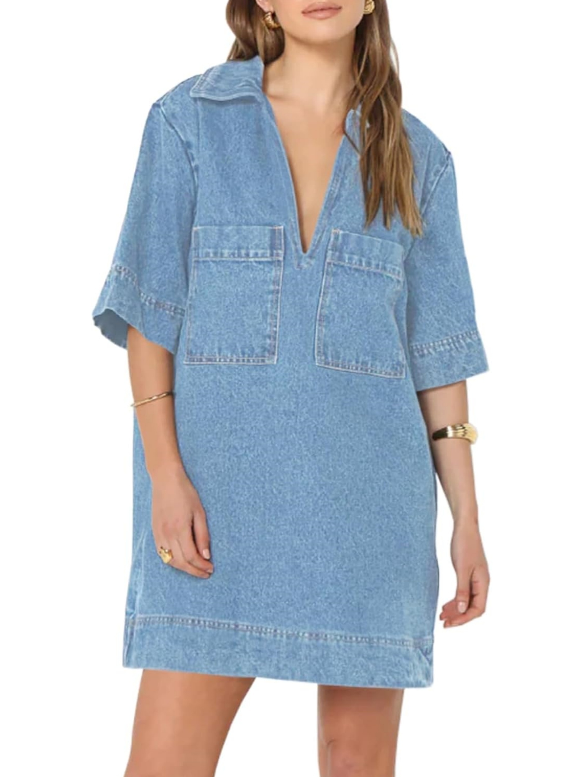 HOT SALE Deep V Neck Half Sleeve Straight Denim Dress with Pockets