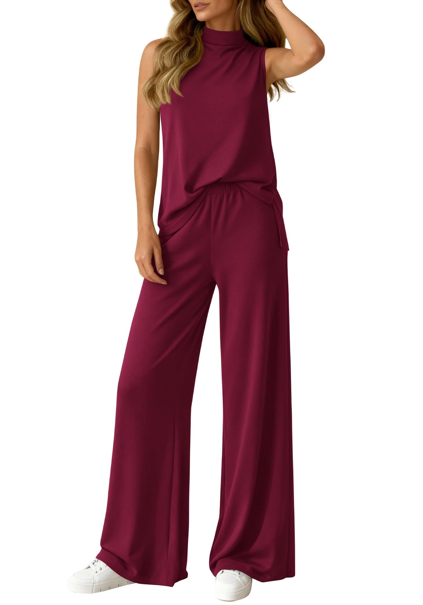 Women's 2-Piece Sleeveless Mock Neck Top & Wide-Leg Pants Set With Pockets