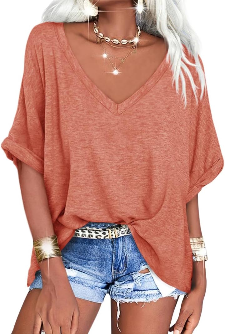 Women's Oversized T Shirts V Neck Short Sleeve Summer Casual Loose Tops Tees