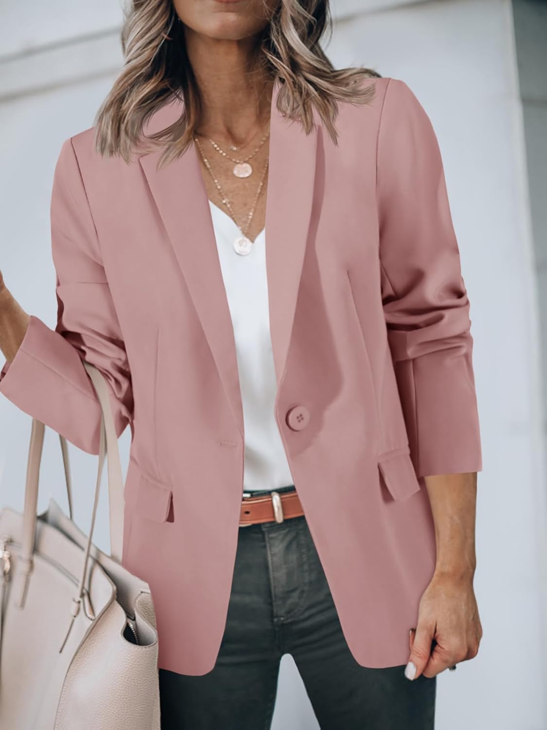 Women's Casual Button Open Front Pocket Blazers Jacket