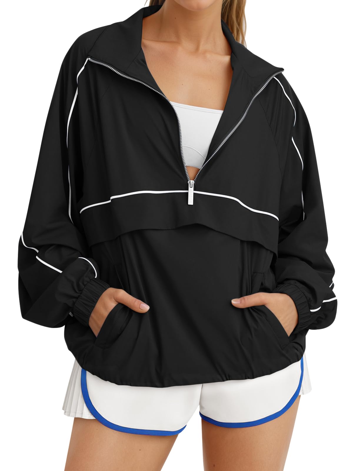 Women's Color Block Quarter Zip Pullover Lightweight Windbreaker Jacket
