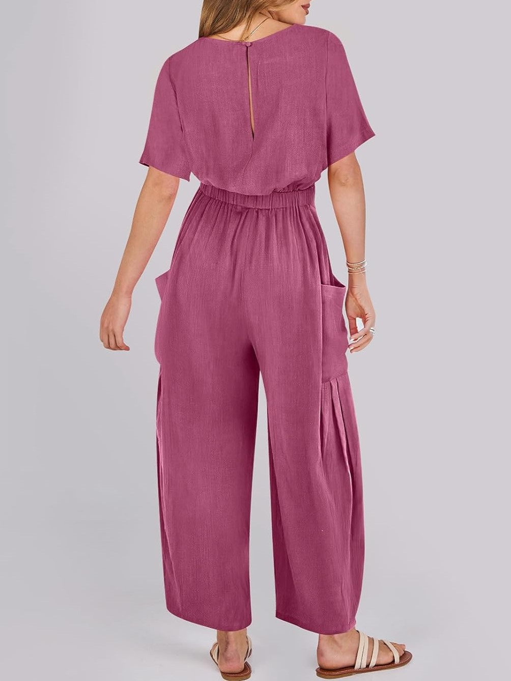 Short Sleeve Wide Leg Pants Linen Romper With Pockets