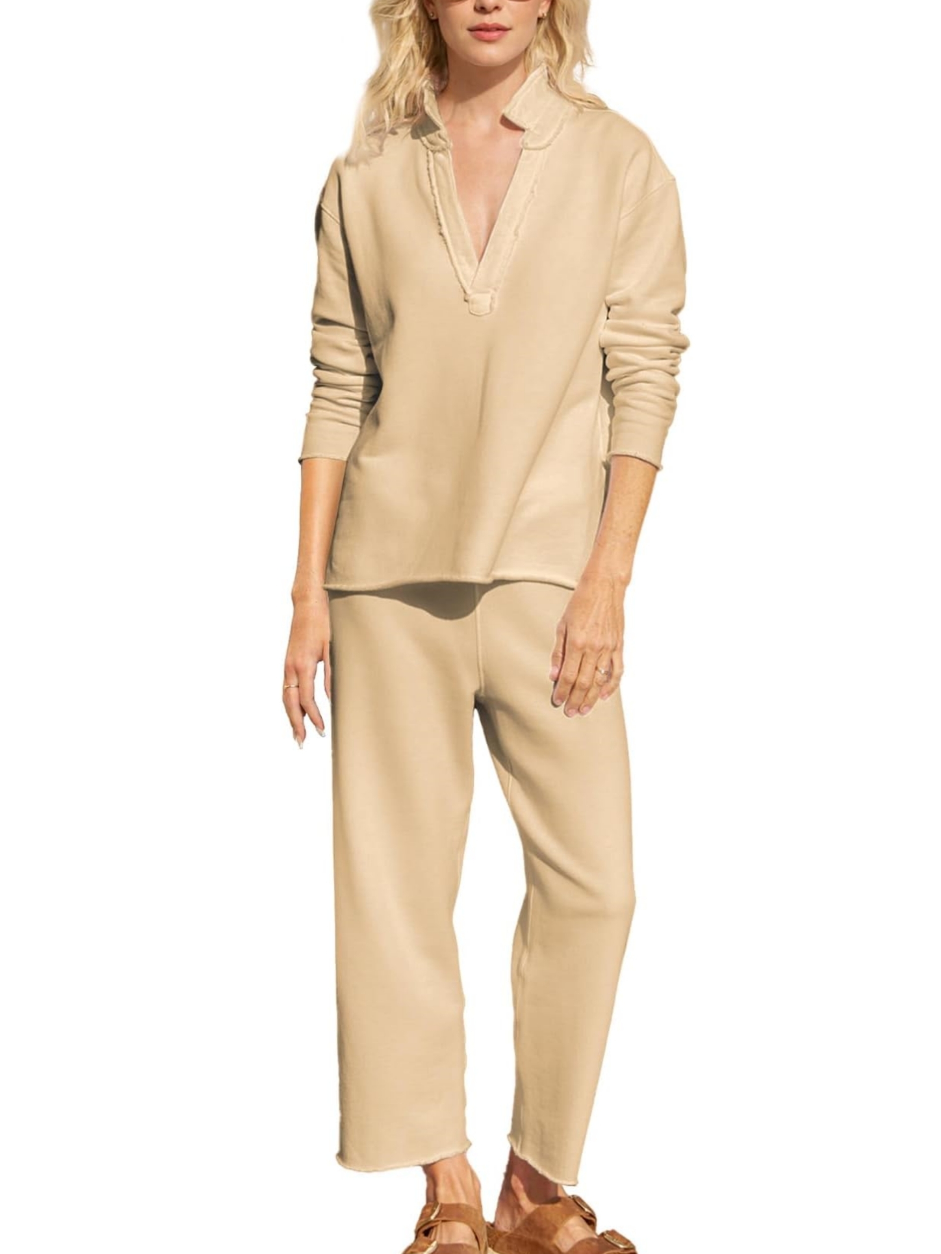 V Neck Long Sleeve Tops Wide Leg Pants Travel 2 Piece Sets (Buy 2 Free Shipping)