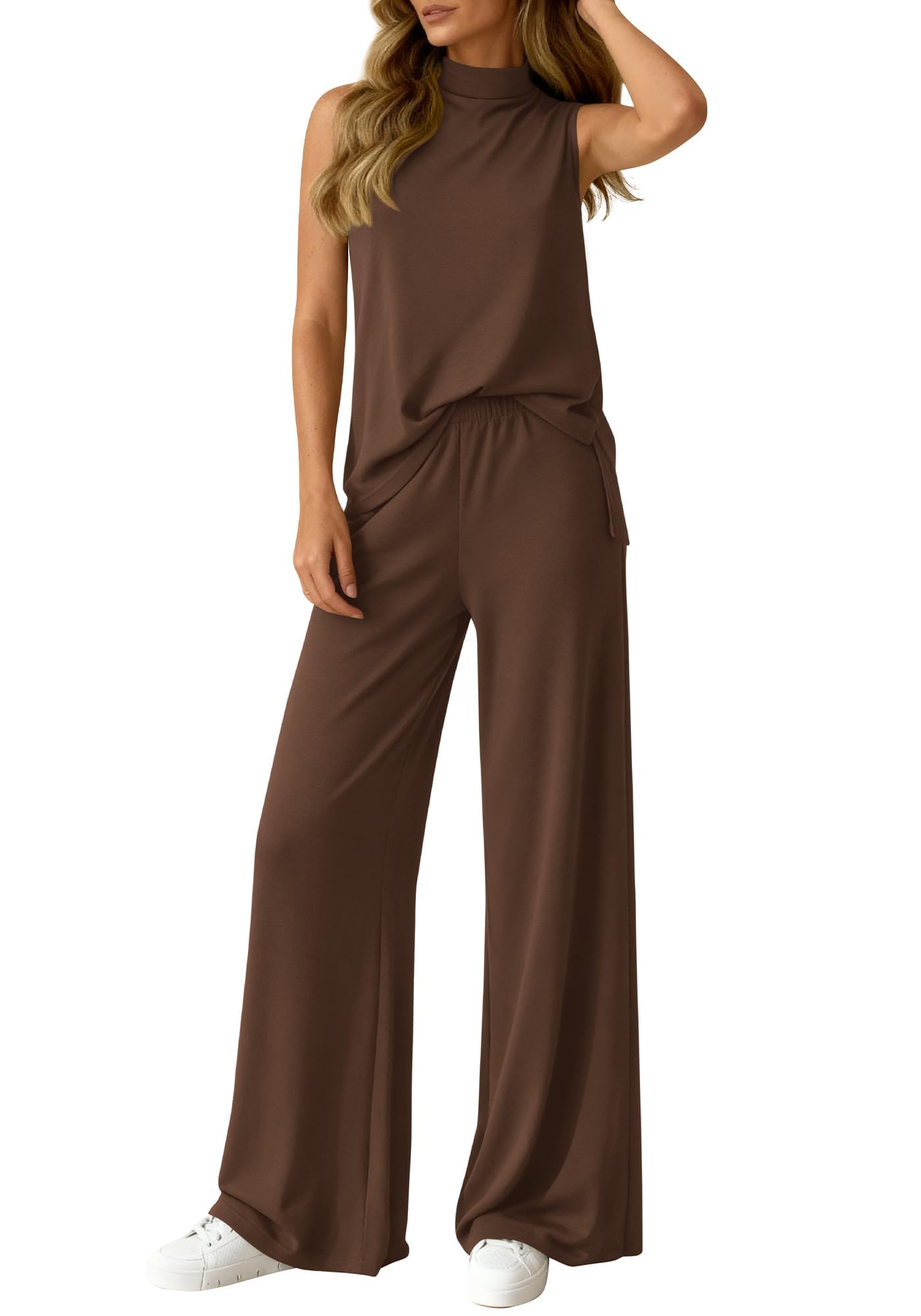 Women's 2-Piece Sleeveless Mock Neck Top & Wide-Leg Pants Set With Pockets