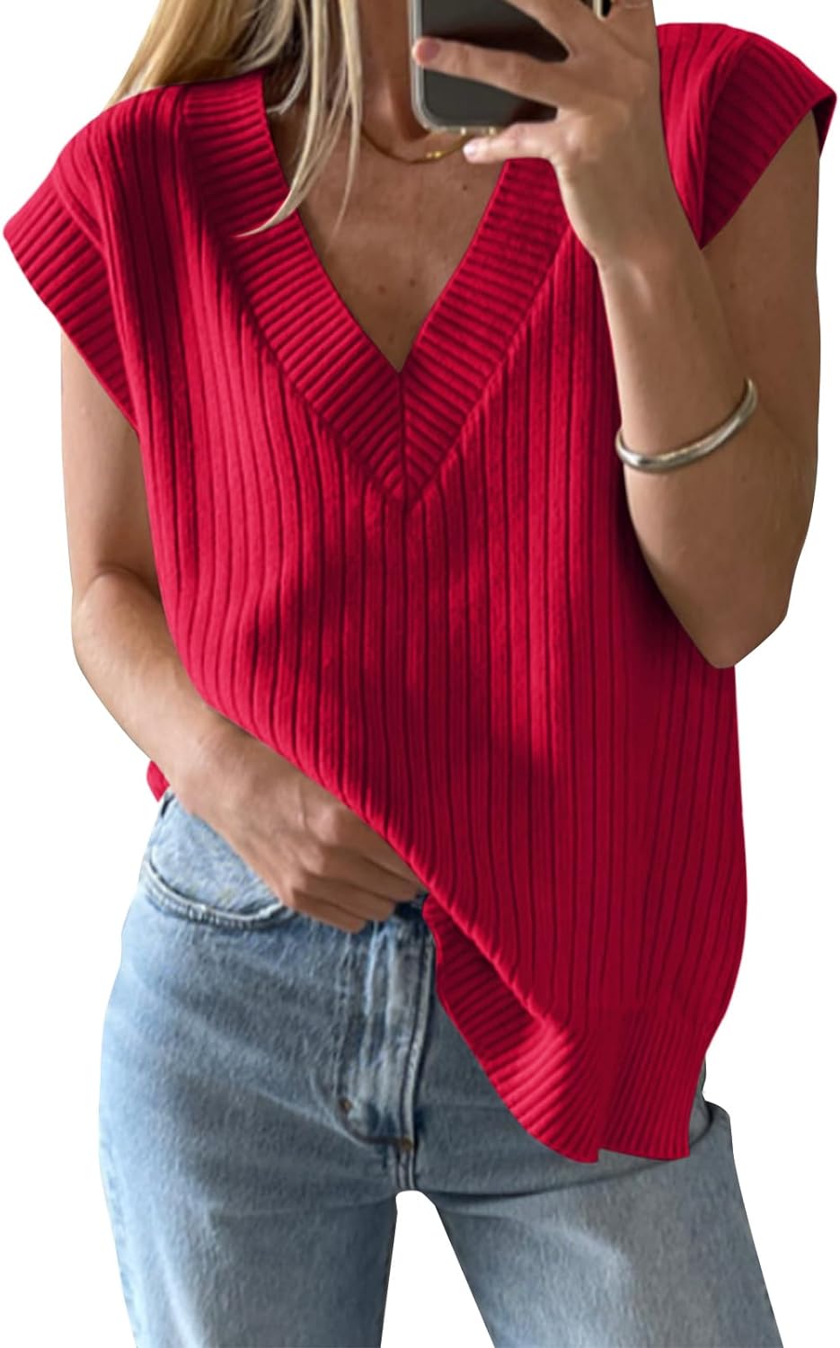 Womens V Neck Sweater Vest Oversized Ribbed Knit Sleeveless