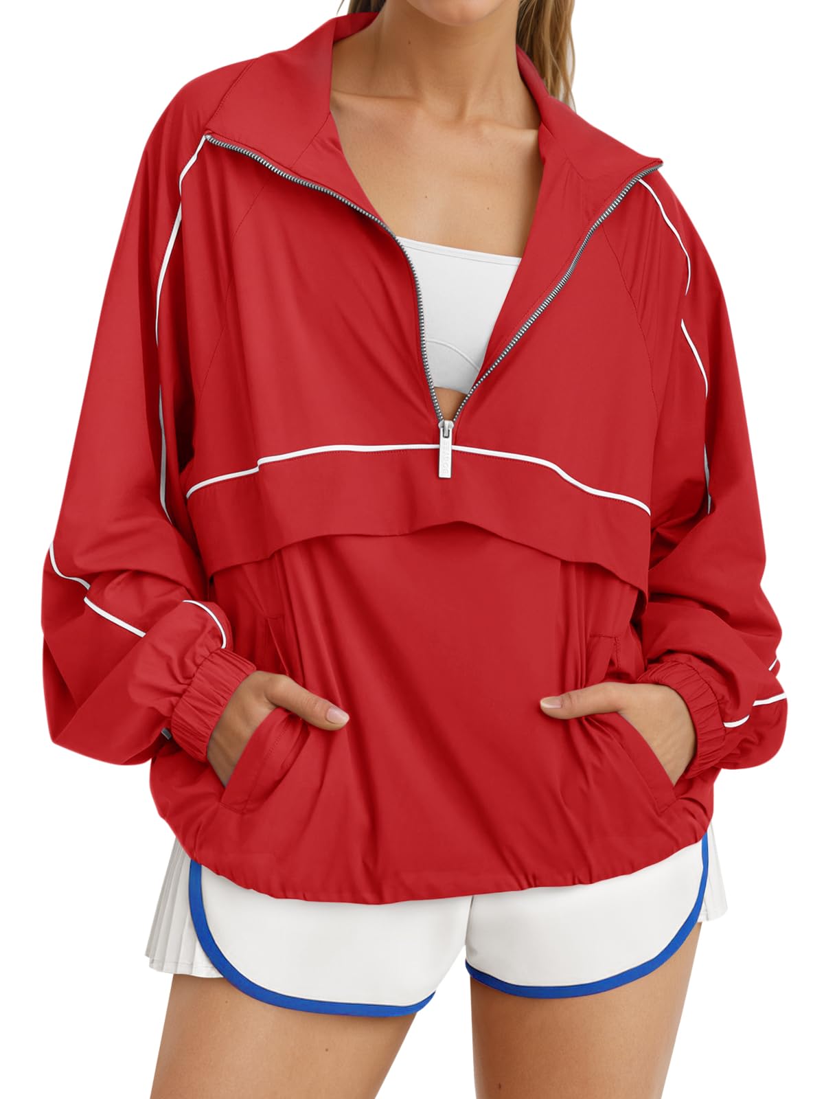 Women's Color Block Quarter Zip Pullover Lightweight Windbreaker Jacket