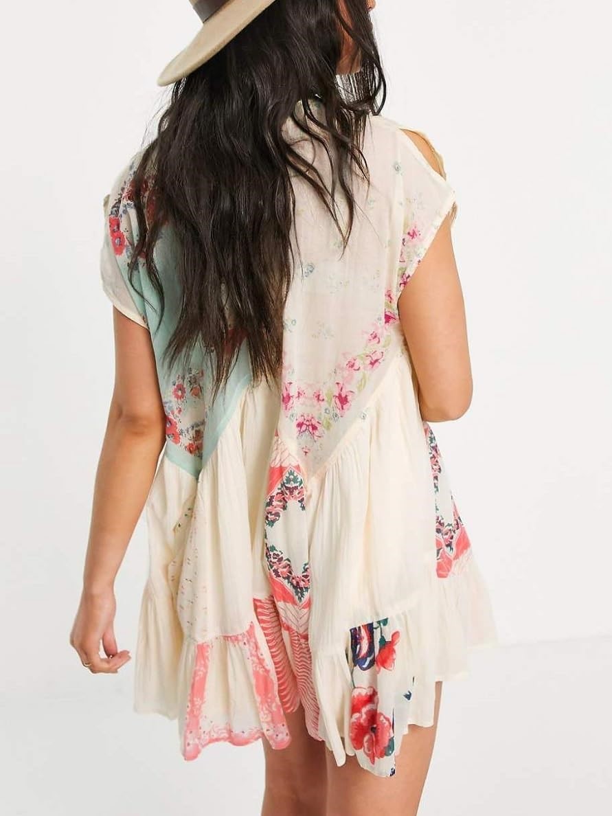 Women's V-Neck Printed Flowing Short Sleeve Mini Dress