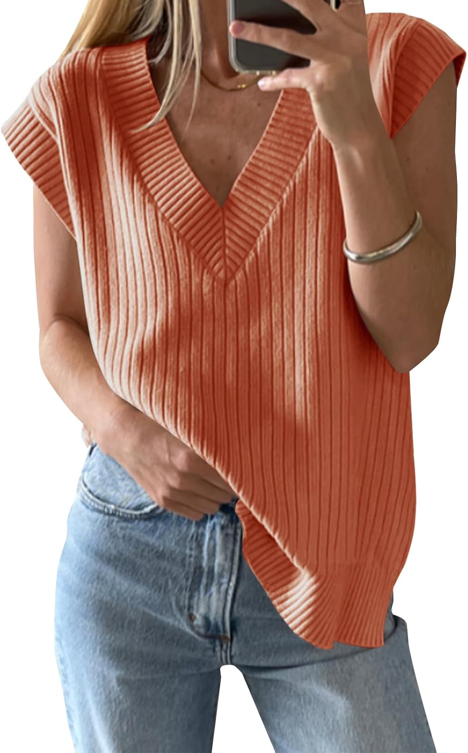 Womens V Neck Sweater Vest Oversized Ribbed Knit Sleeveless