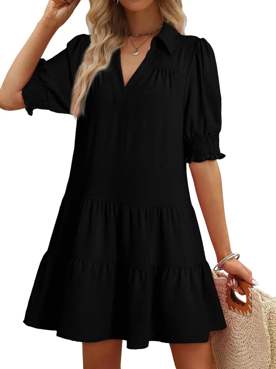 HOT SALE Women's Smocked Sleeve Tiered V-Neck Mini Dress (Buy 2 Free Shipping)