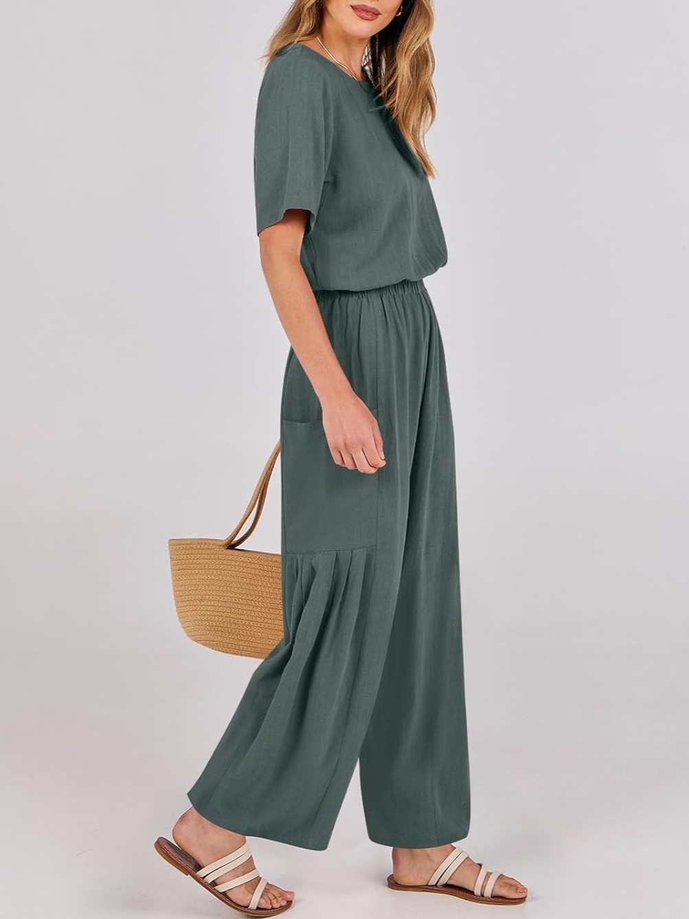 Short Sleeve Wide Leg Pants Linen Romper With Pockets