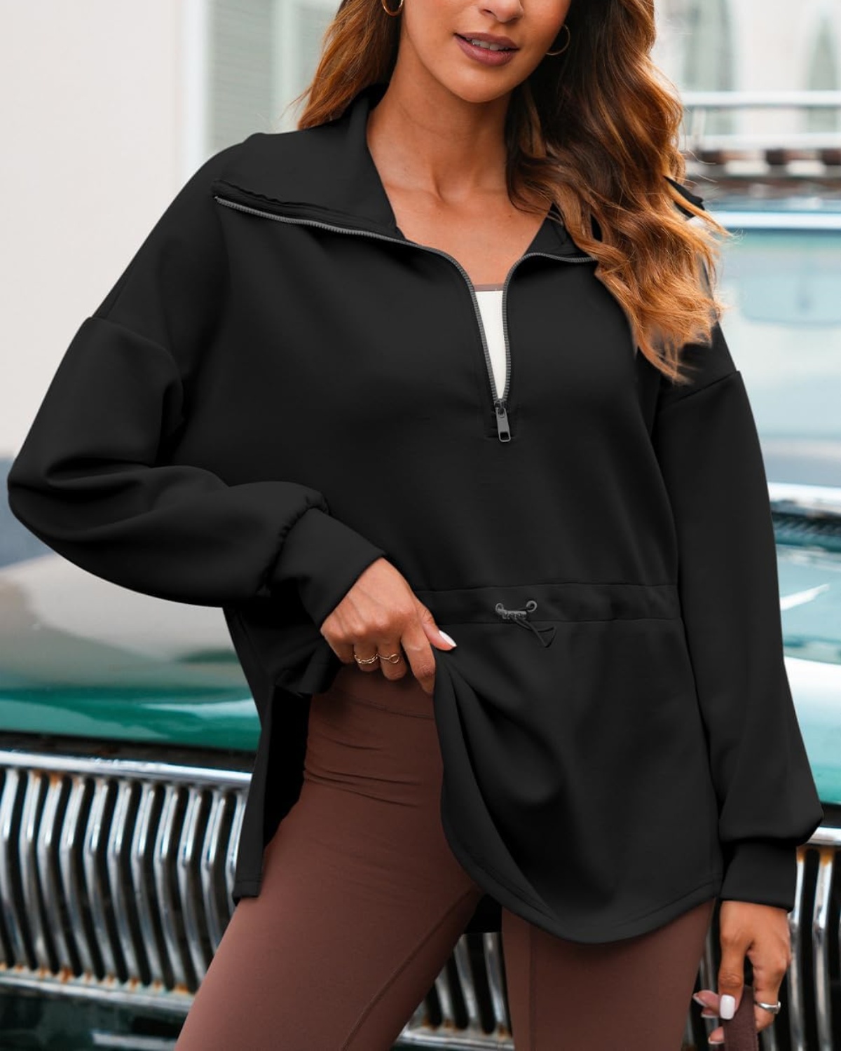 Half Zip Drawstring Waist Long Sleeve Pullover (Buy 2 Free Shipping)