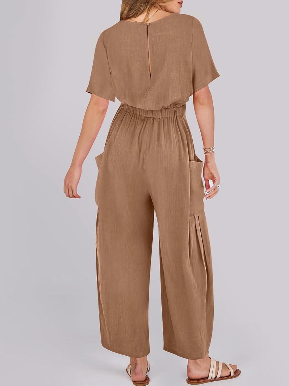 Short Sleeve Wide Leg Pants Linen Romper With Pockets