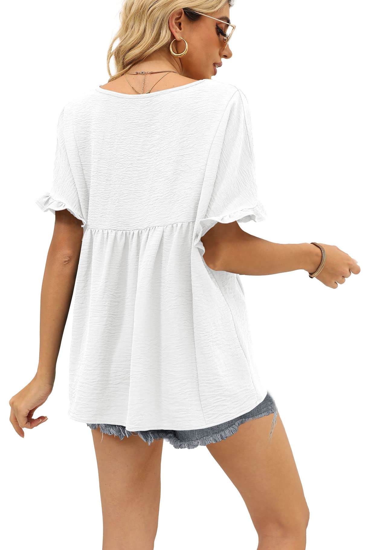 Womens Tops Casual V Neck Ruffle Sleeve T Shirts Babydoll Loose Fit Peplum Tops