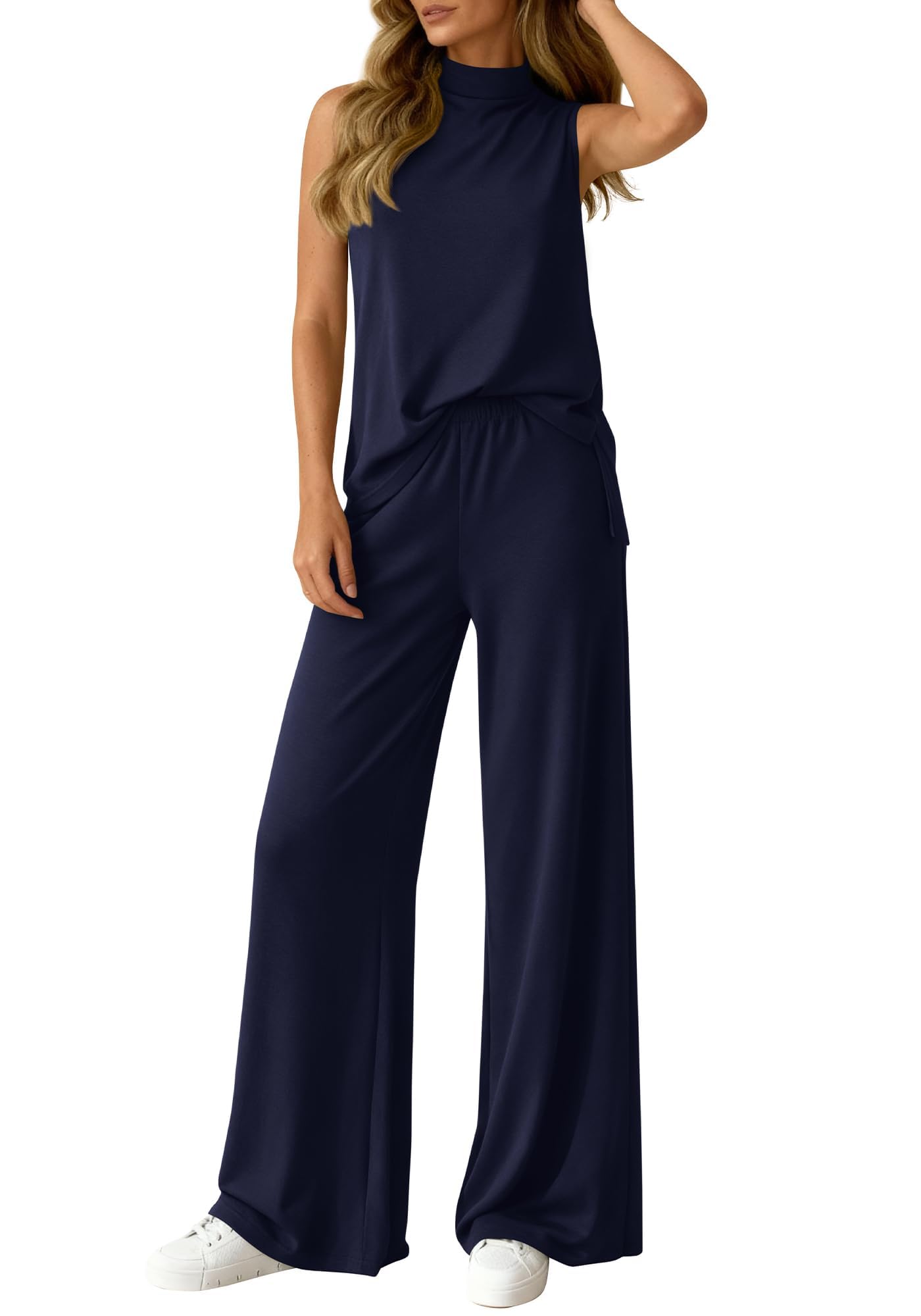 Women's 2-Piece Sleeveless Mock Neck Top & Wide-Leg Pants Set With Pockets