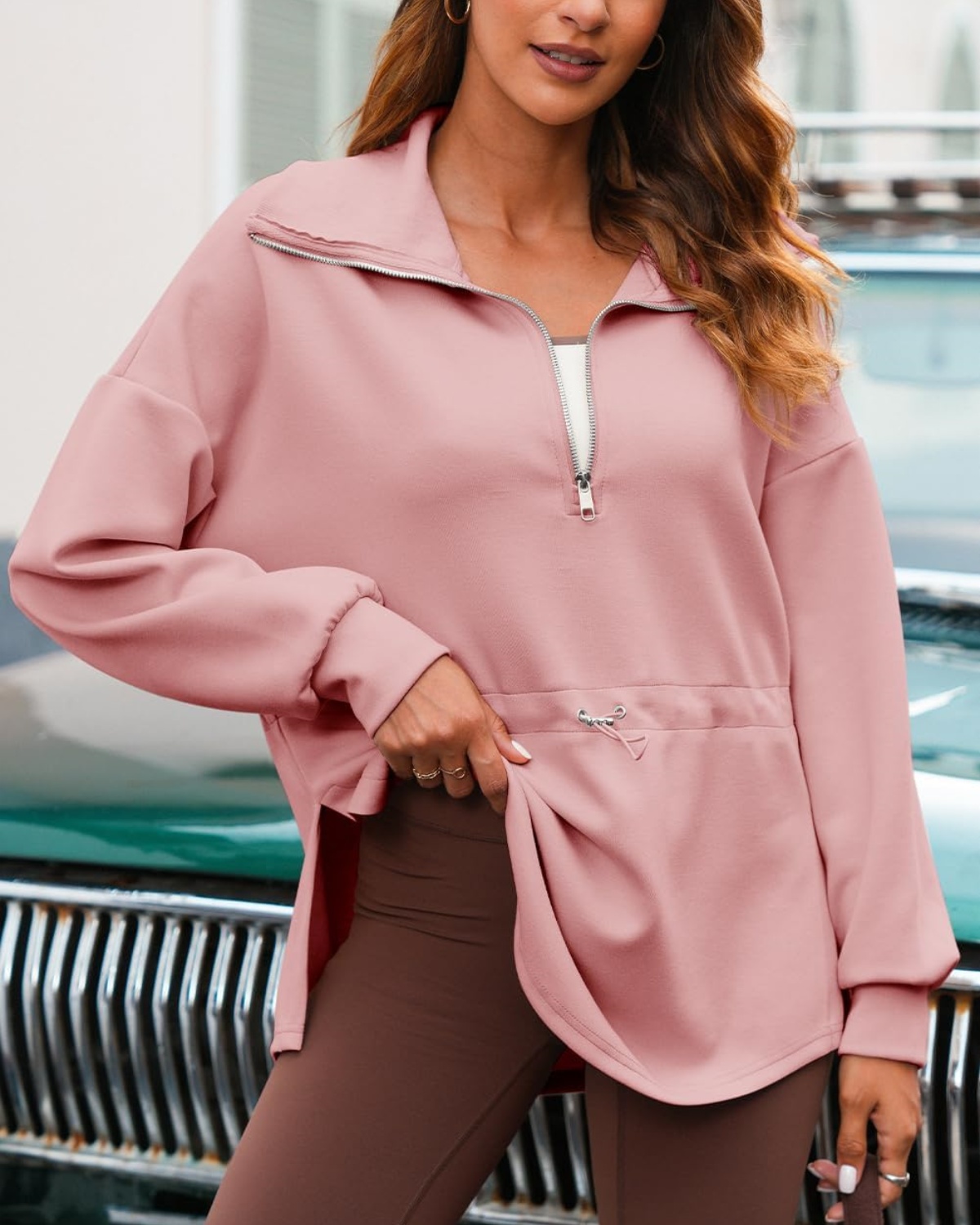 Half Zip Drawstring Waist Long Sleeve Pullover (Buy 2 Free Shipping)