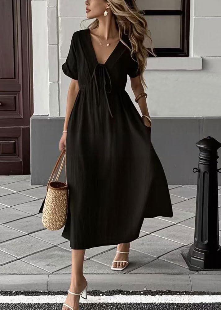 HOT SALE Women's Summer Solid Color V-Neck Cotton Dress