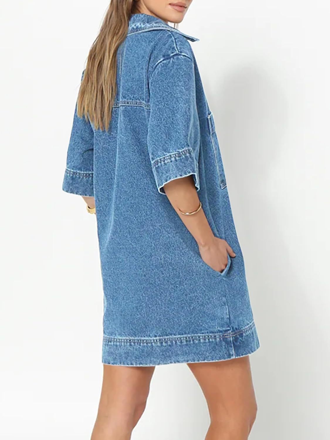 HOT SALE Deep V Neck Half Sleeve Straight Denim Dress with Pockets