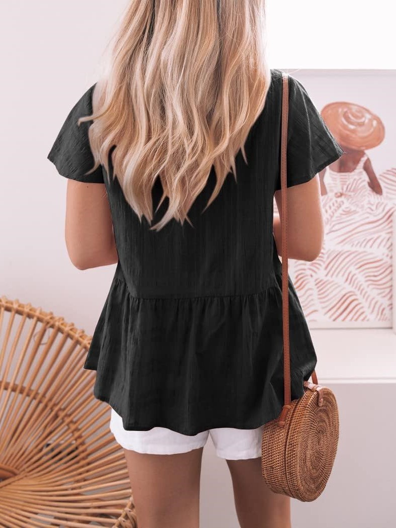 Women's V Neck Button Down Ruffle Hem Short Sleeve Babydoll Peplum Tops