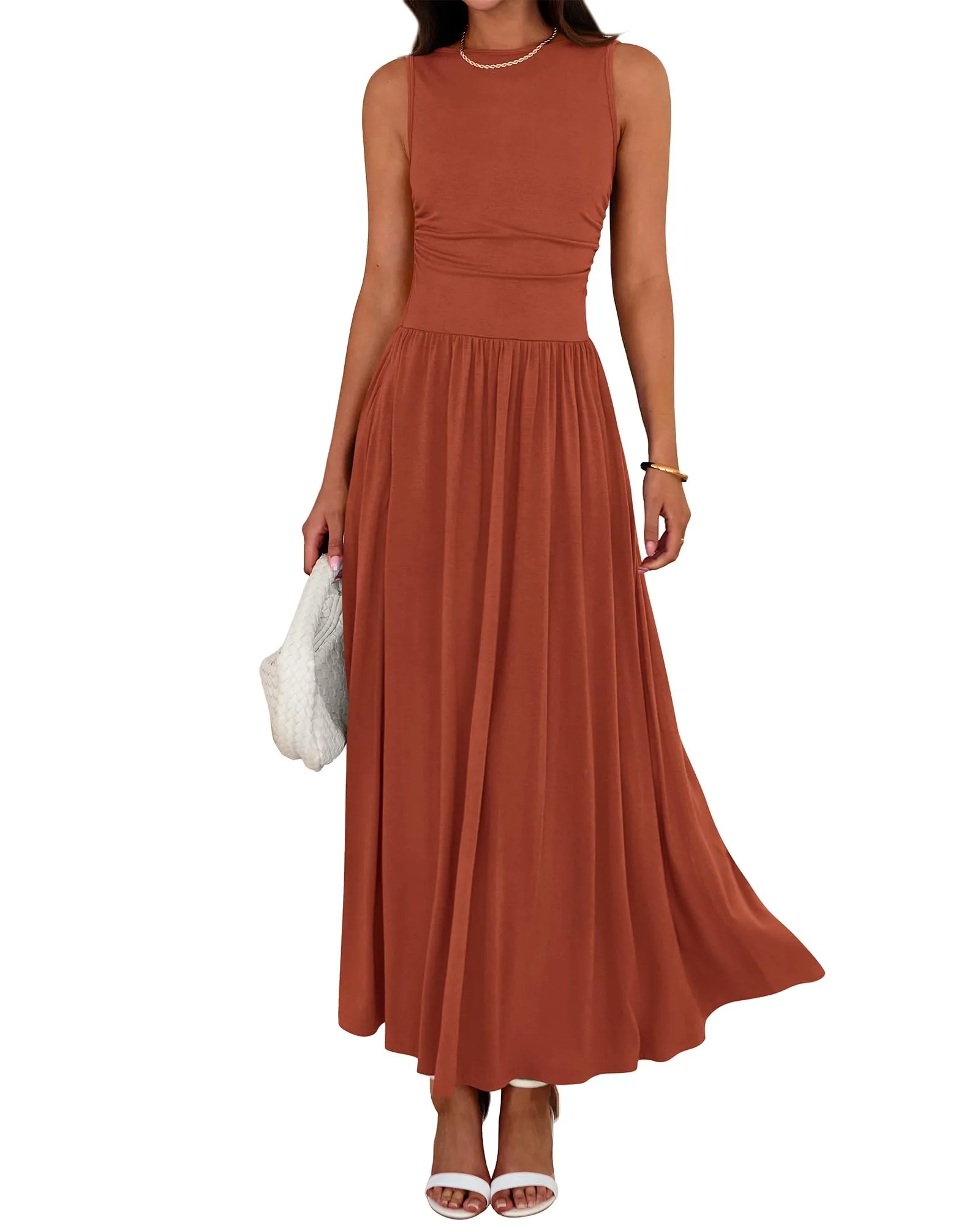 HOT SALE Women's Sleeveless Ruched High Waisted Tank Long Sundress Flowy Beach Dress