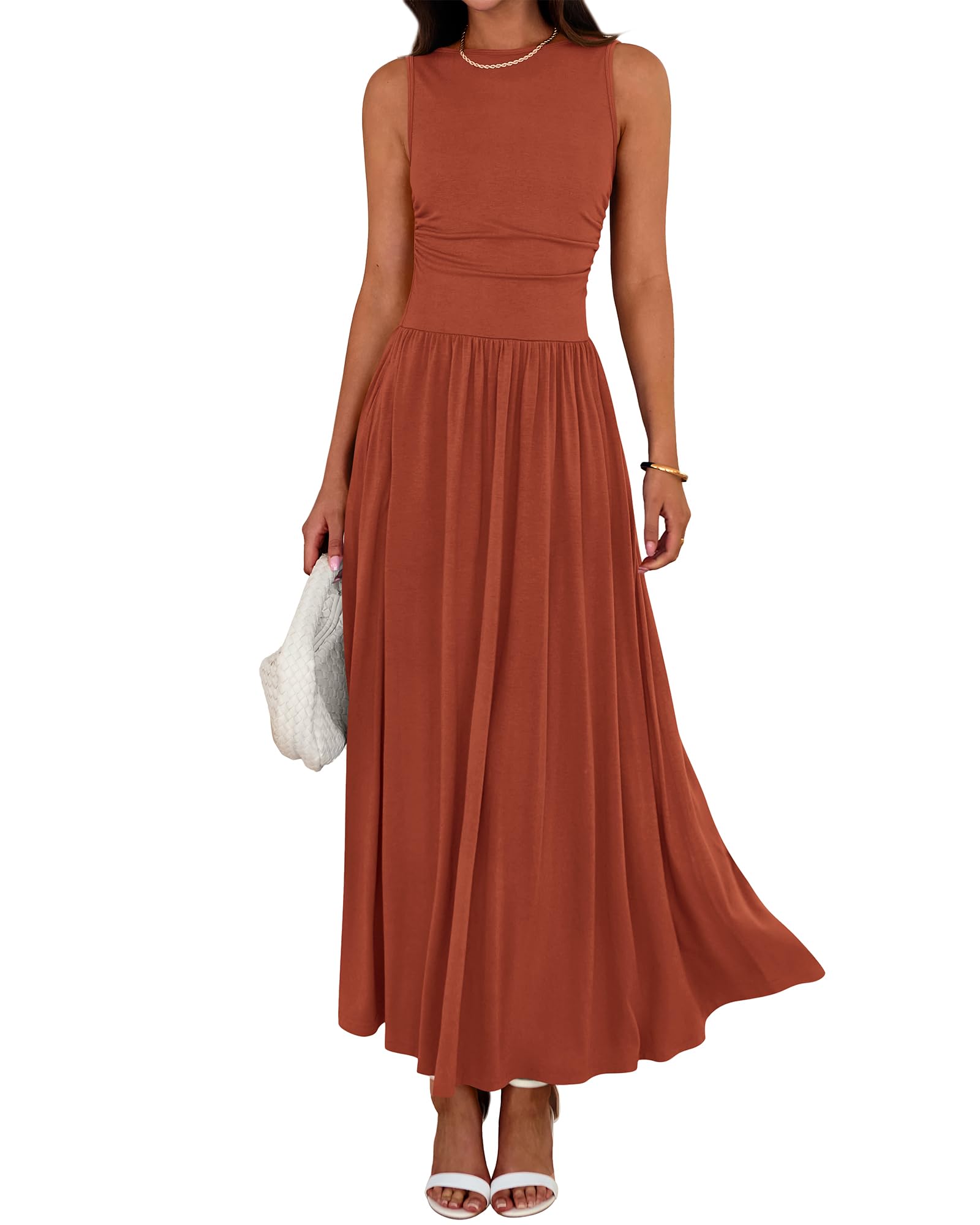 Women Sleeveless Ruched High Waisted Tank Long Sundress Flowy Beach Dress