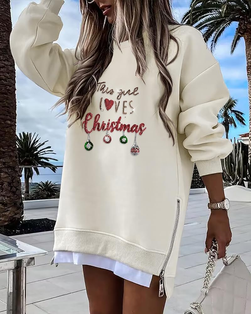 Christmas Sequin Pattern Zipper Slit Holiday Sweatshirt