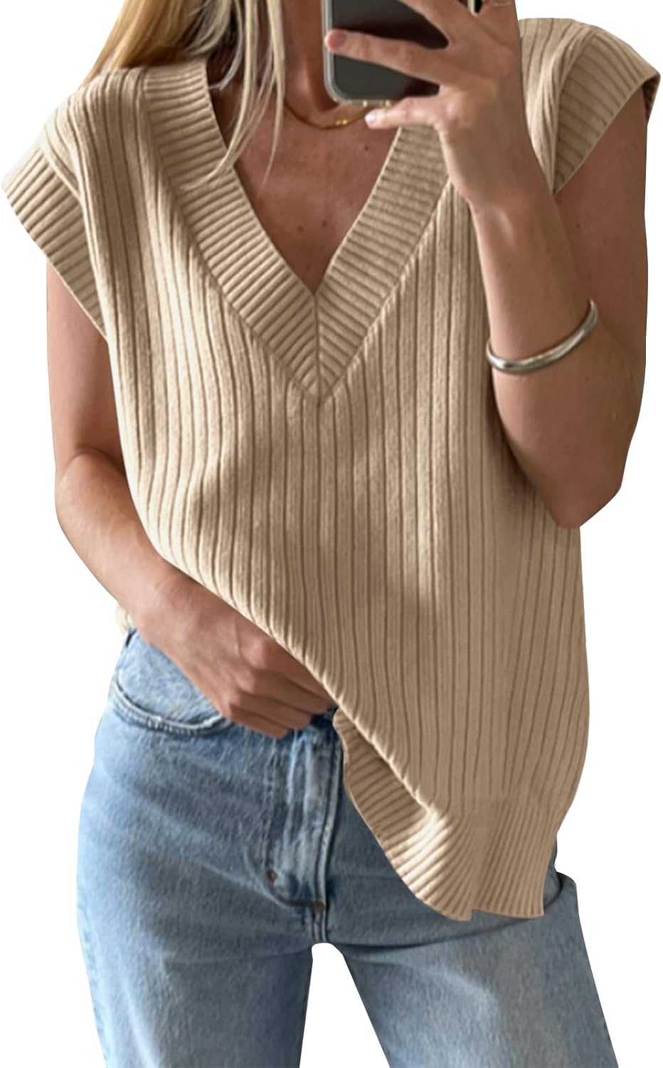 Womens V Neck Sweater Vest Oversized Ribbed Knit Sleeveless
