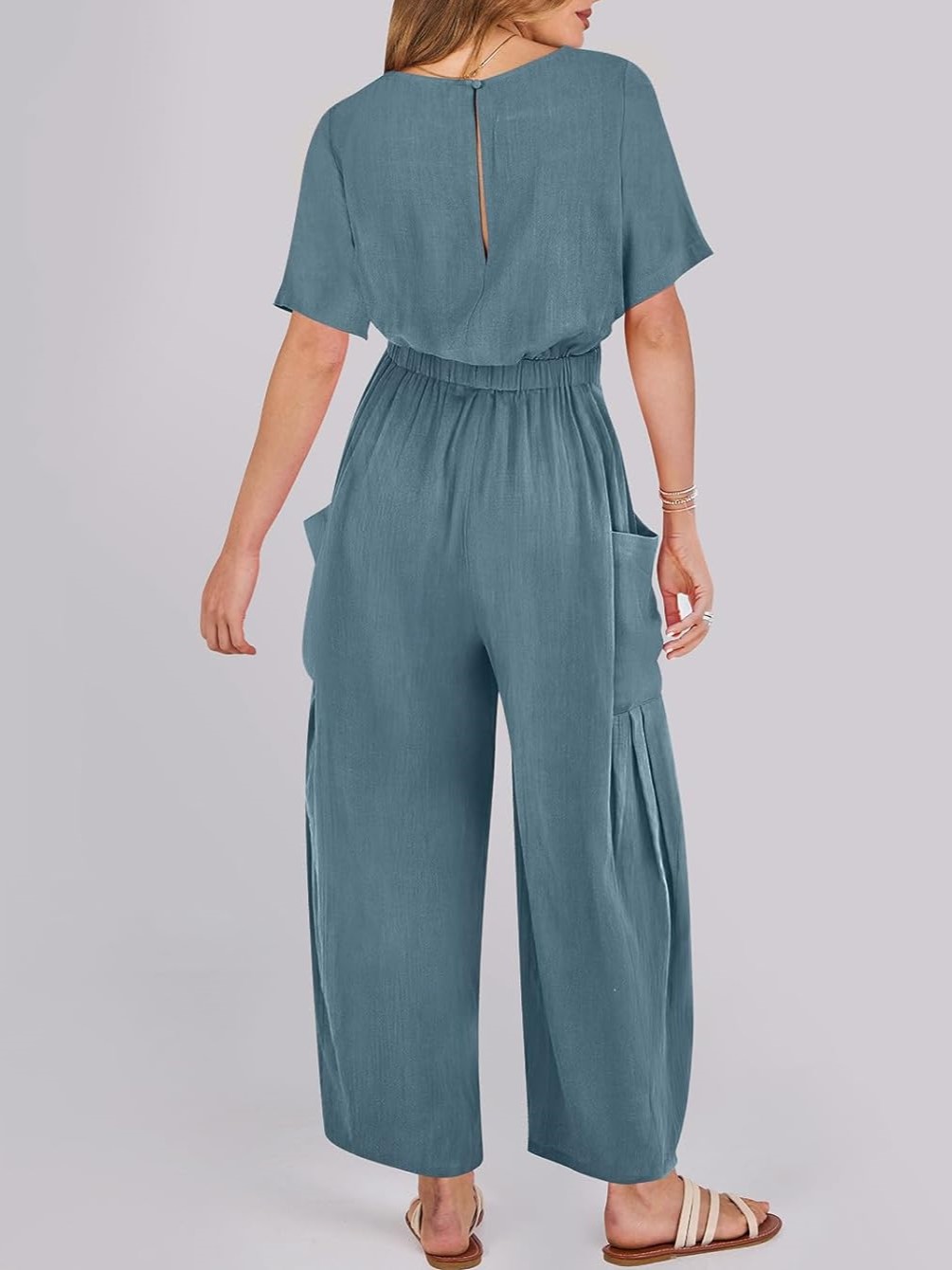 Short Sleeve Wide Leg Pants Linen Romper With Pockets