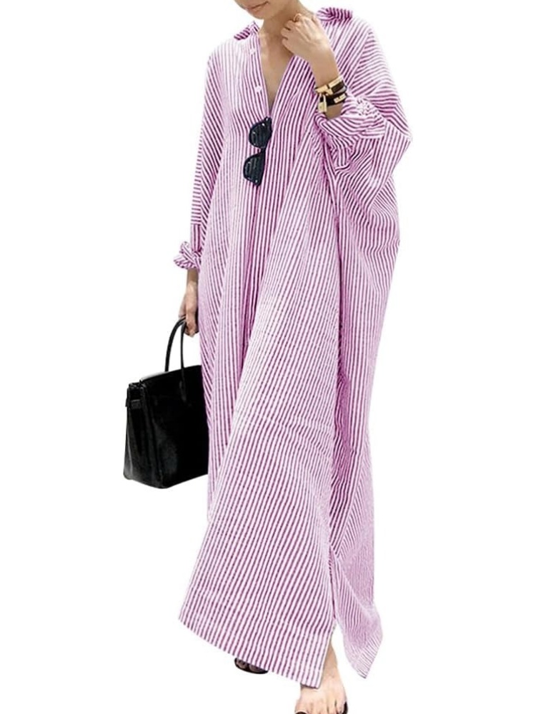 Women's Casual Button Down Loose Striped Cotton Maxi Shirt Dress
