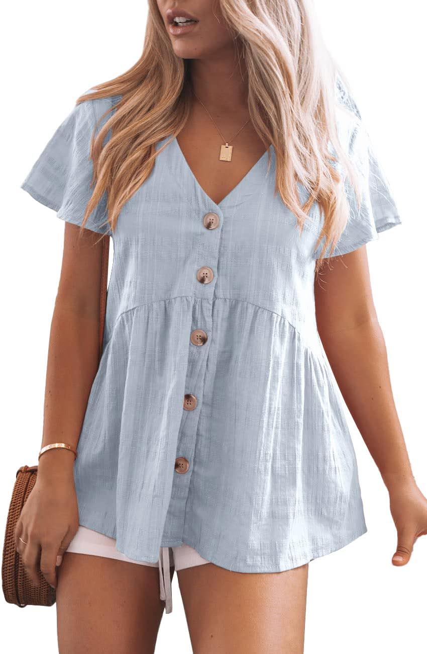 Womens Ruffle Hem Short Sleeve Button Down Shirt Casual Tops(BUY 2 FREE SHIPPING)