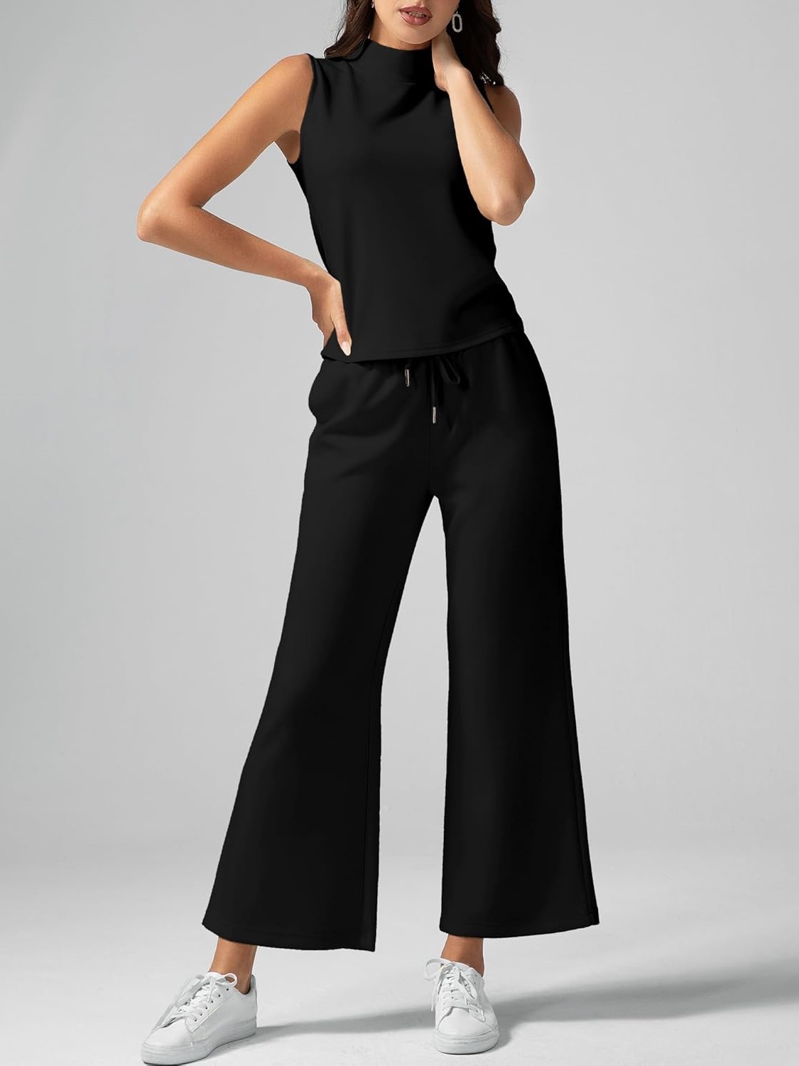 Women's Mock Neck Sleeveless Tank Top & Wide Leg Pants 2 Piece Lounge Sets