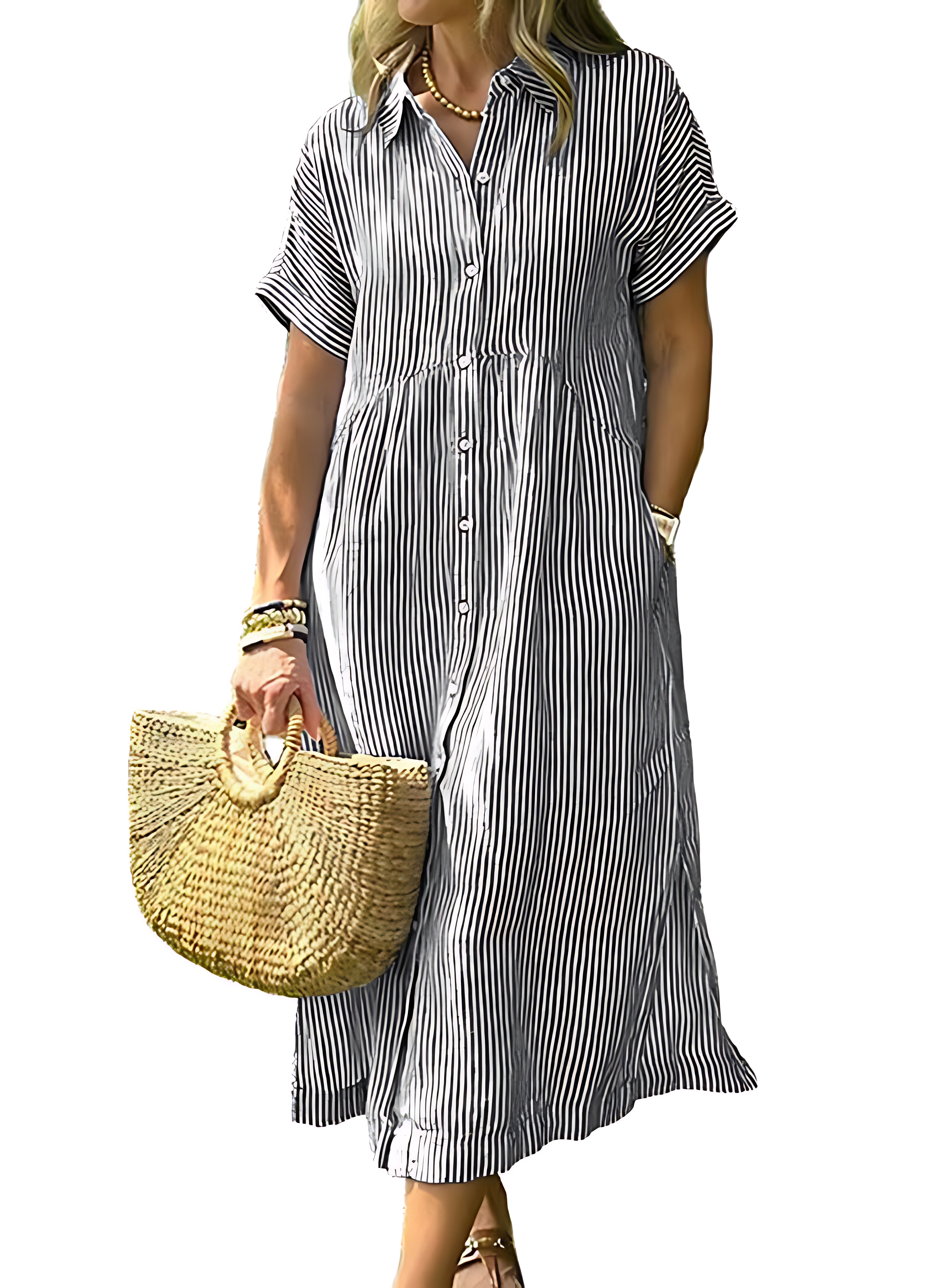 Women's Striped Side Slit Loose Shirt Dress with Pockets