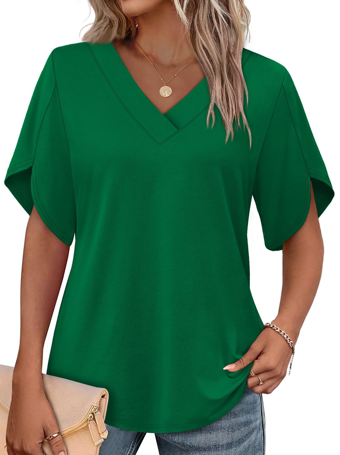 HOT SALE Women's Summer Short Petal Sleeve Fashion V Neck Outfits Tops