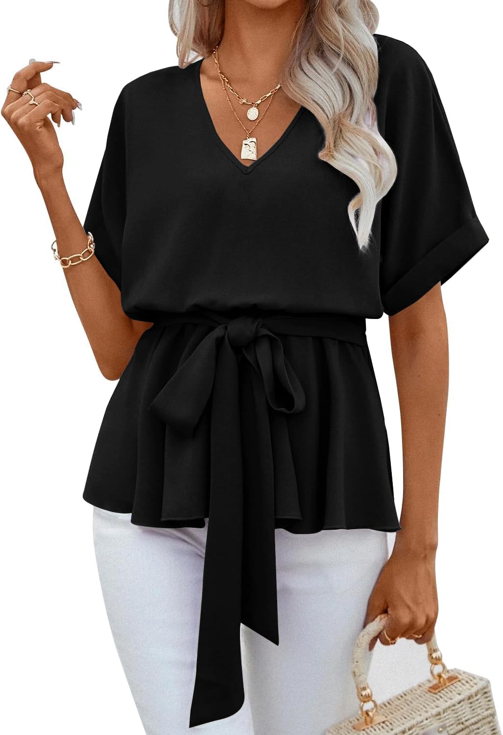 Womens V Neck Blouse Short Sleeve Belted Casual T-Shirts Basic Tee Tops