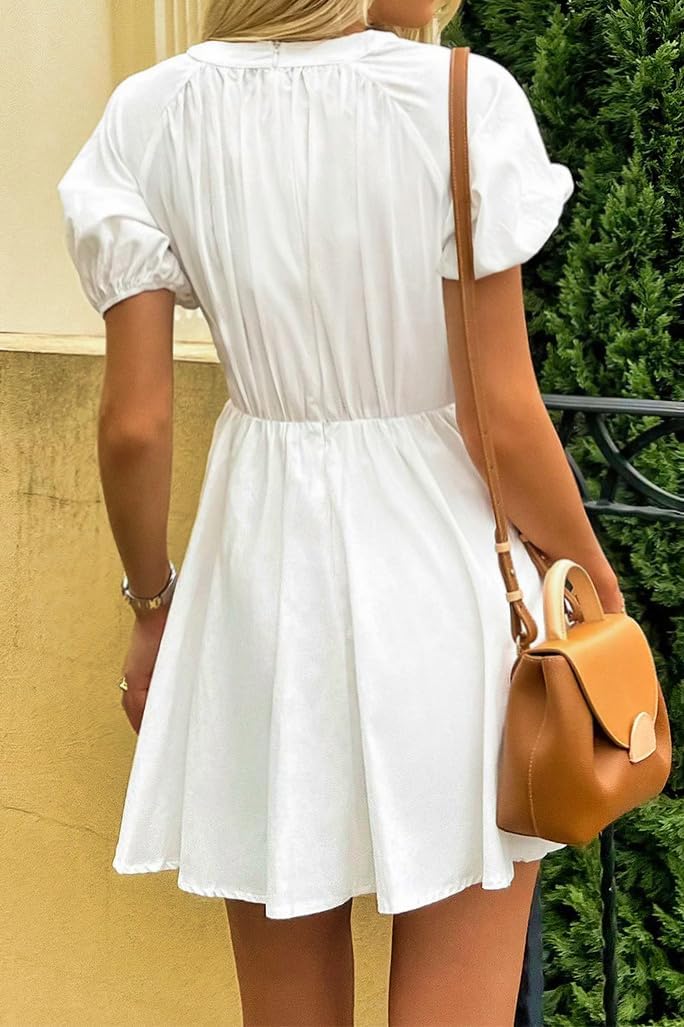 Women's Cute Summer Short Puff Sleeve Tie Mini Dress