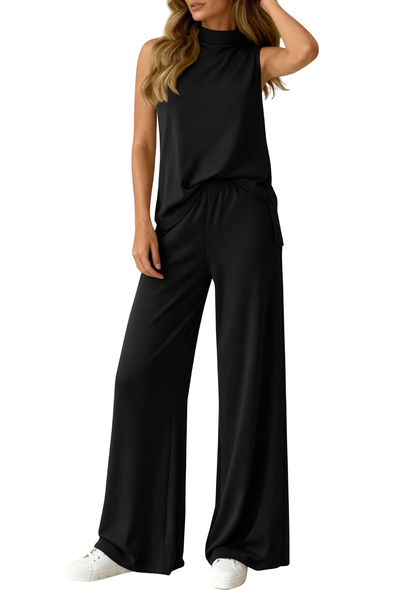 Women's 2-Piece Sleeveless Mock Neck Top & Wide-Leg Pants Set With Pockets