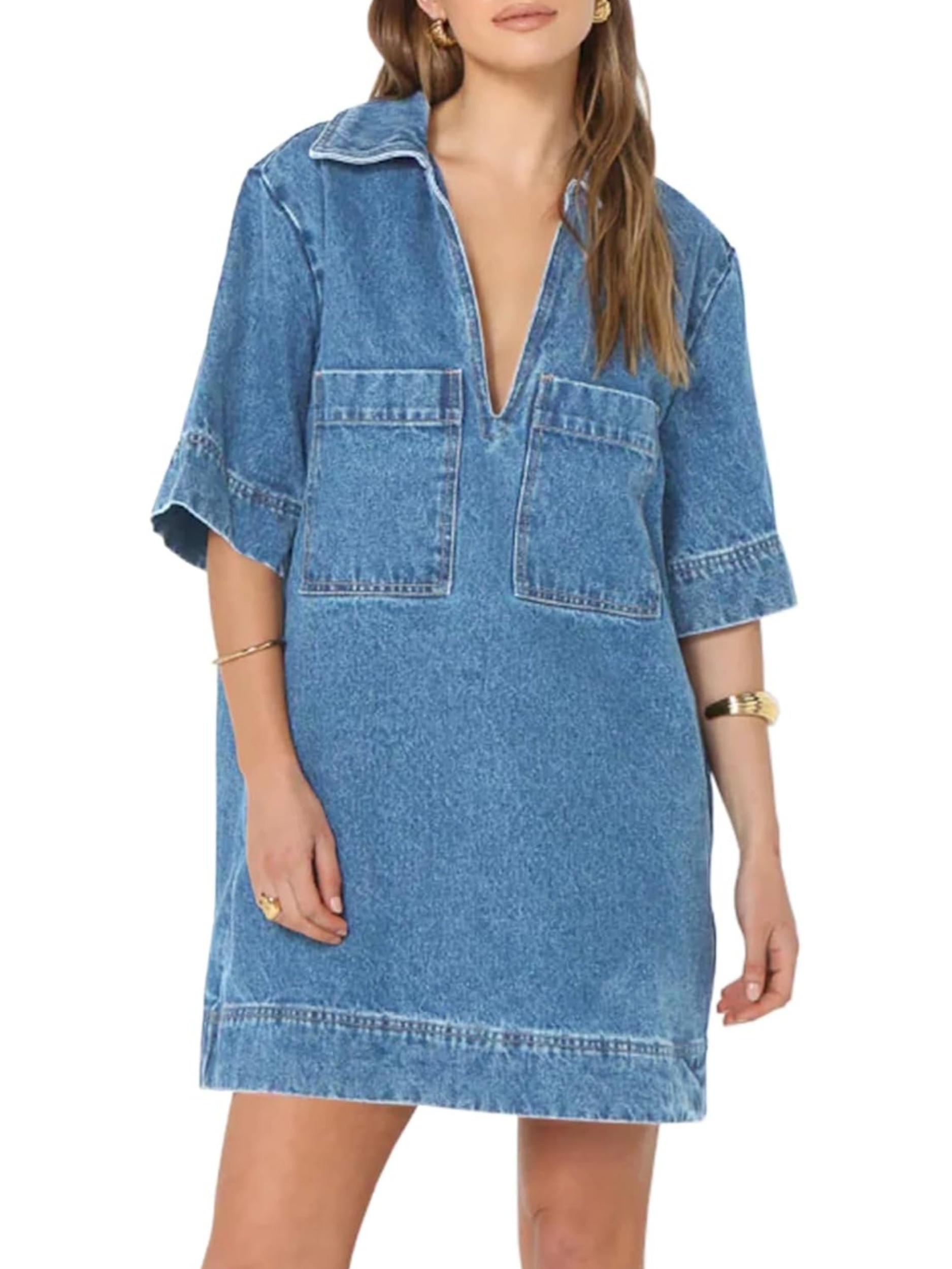 HOT SALE Deep V Neck Half Sleeve Straight Denim Dress with Pockets