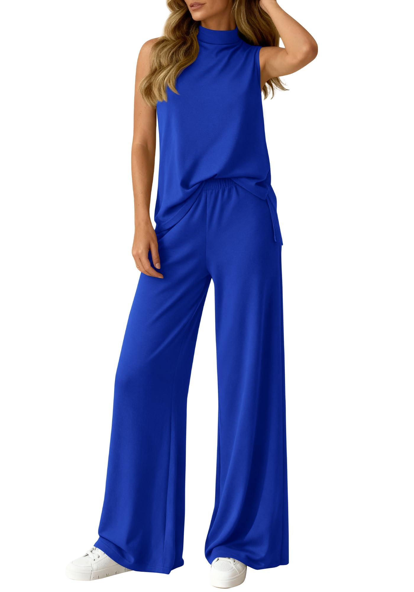 Women's 2-Piece Sleeveless Mock Neck Top & Wide-Leg Pants Set With Pockets