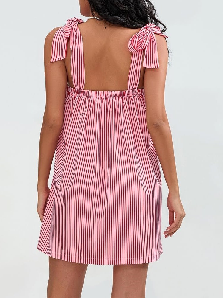 HOT SALE Women's Boho Square Neck Tie Shoulder Sleeveless Floral Mini Dress