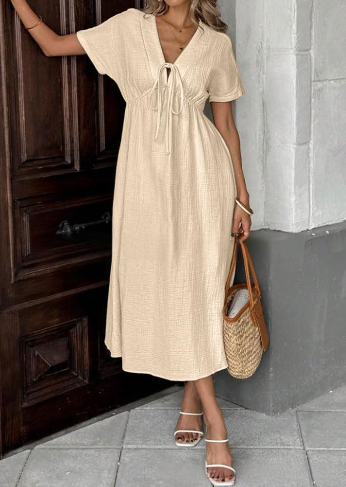HOT SALE Women's Summer Solid Color V-Neck Cotton Dress